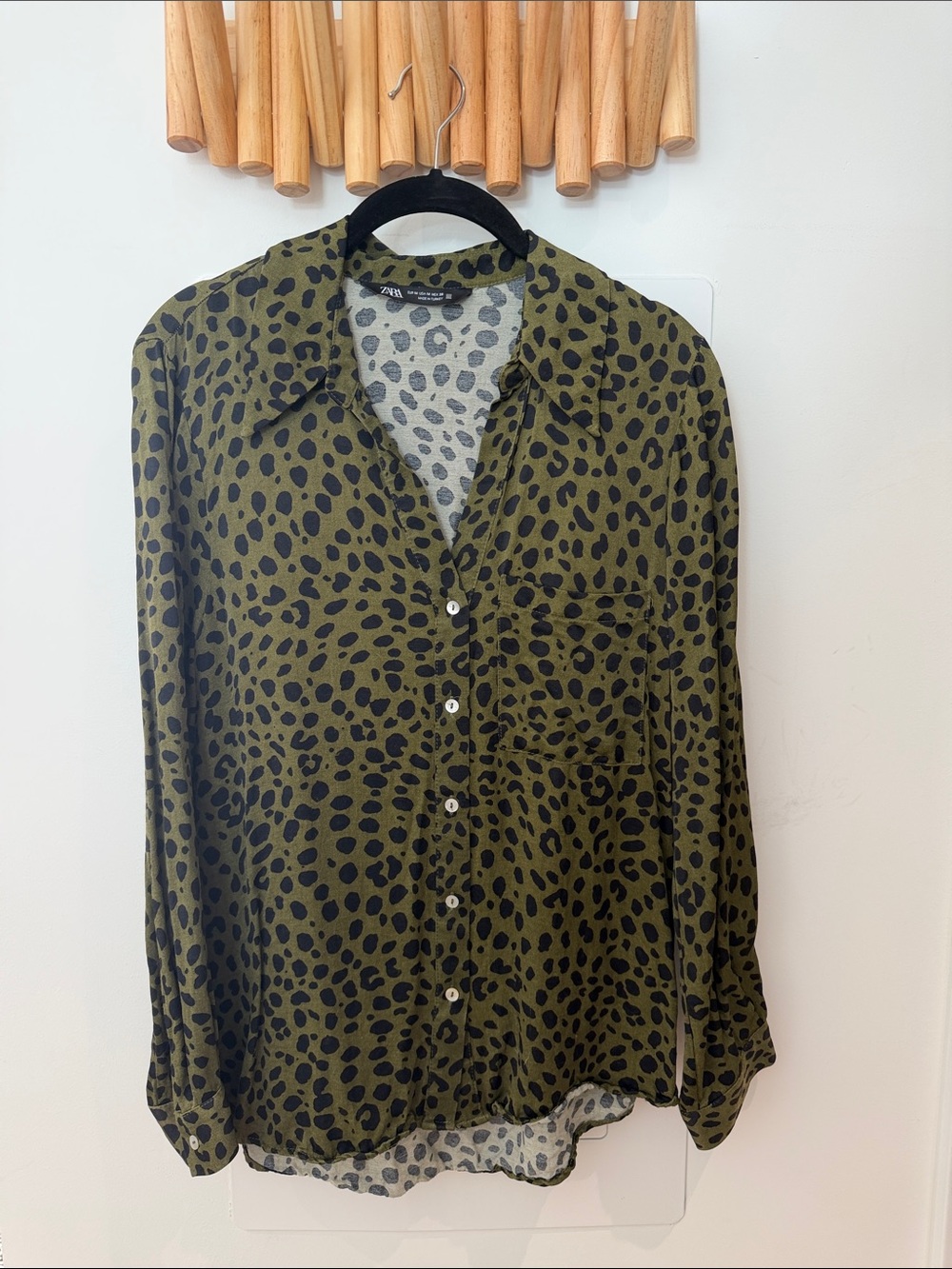 Zara Olive Green & Black Leopard-Print Button-Down Shirt